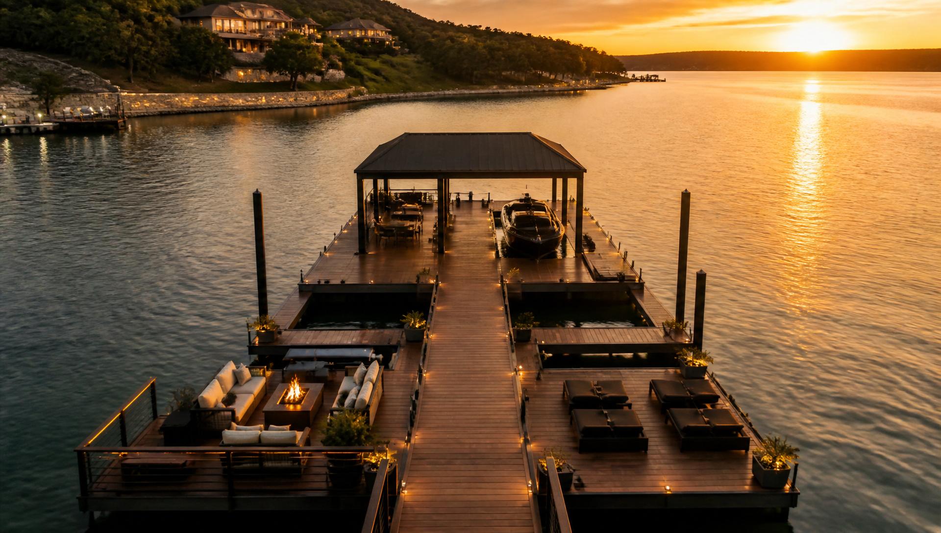 Luxury freshwater dock on Lake Travis at golden sunset
